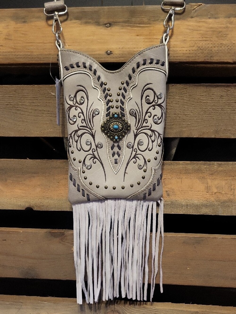 Embellished Taupe Fringe Crossbody Bag with Turquoise Concho NWT - Picture 2 of 15